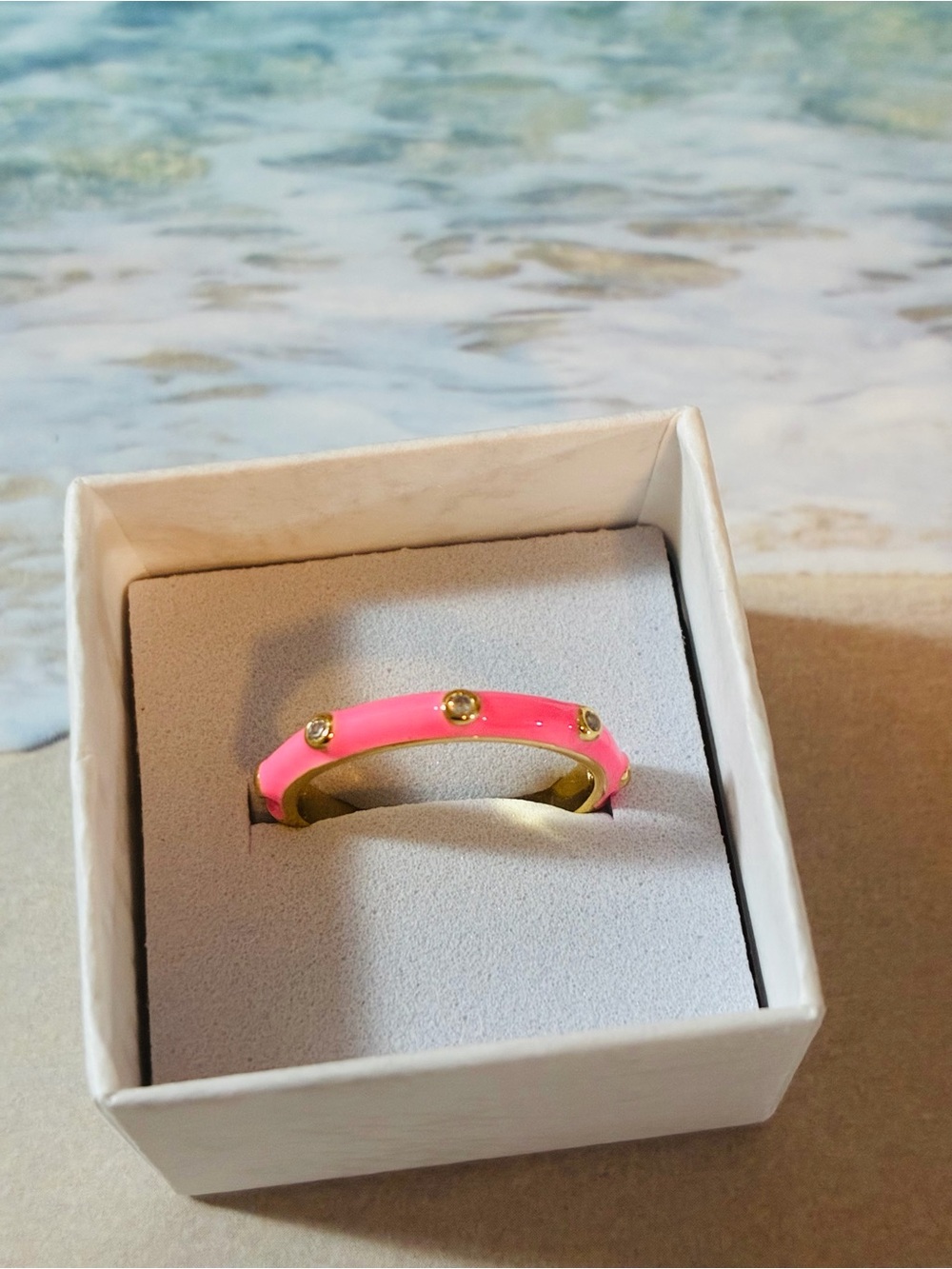 Gold-Tone Ring with Pink Enamel and Crystal Accents